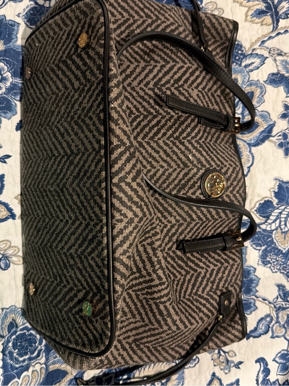 Spartina 449 Black and Cream Chevron Tote Satchel with Gold Hardware